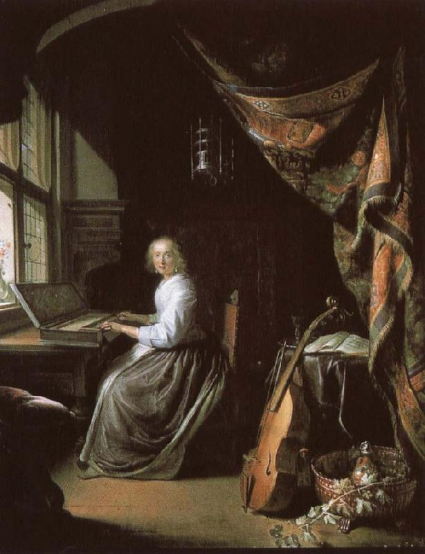 christian schubart a 17th century dutch painting by gerrit dou of woman at the clvichord. oil painting image